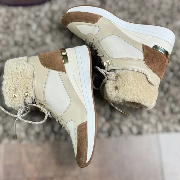 MICHAEL KORS Liv Cream and Brown High-Top Sneakers Size 8 Women - Picture 2 of 15